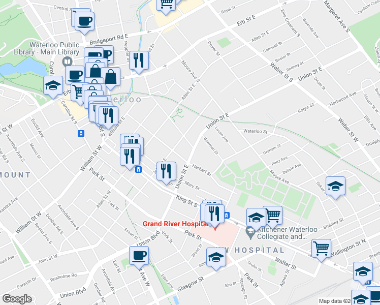 map of restaurants, bars, coffee shops, grocery stores, and more near 52 Union Street East in Waterloo