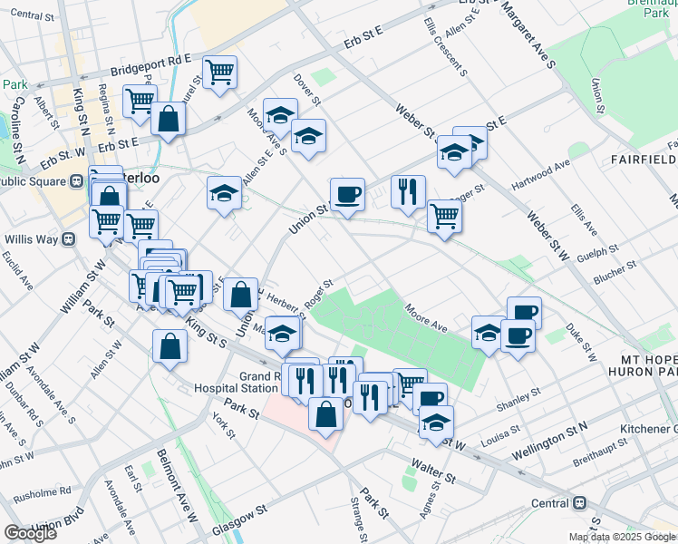 map of restaurants, bars, coffee shops, grocery stores, and more near 100 Roger Street in Waterloo