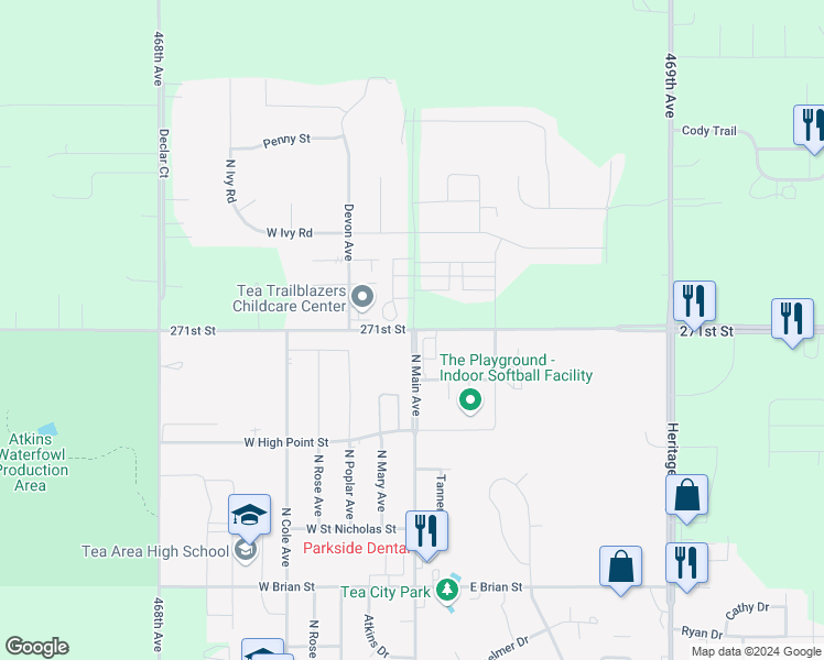 map of restaurants, bars, coffee shops, grocery stores, and more near 46847 271st St in Tea