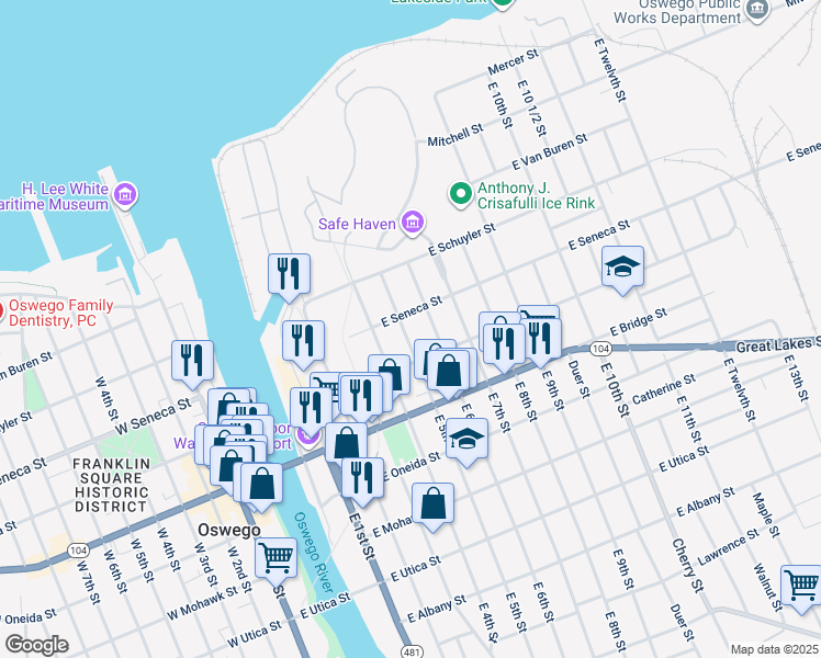 map of restaurants, bars, coffee shops, grocery stores, and more near 31 East 5th Street in Oswego