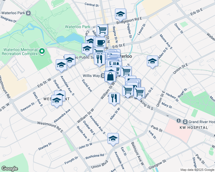 map of restaurants, bars, coffee shops, grocery stores, and more near 91b Caroline Street South in Waterloo