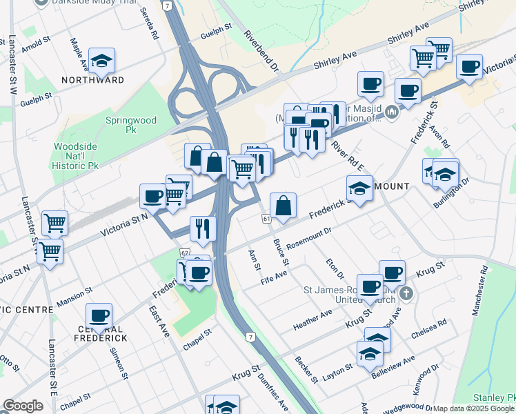map of restaurants, bars, coffee shops, grocery stores, and more near 59 Regional Road 61 in Kitchener