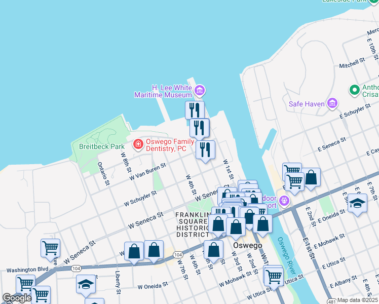 map of restaurants, bars, coffee shops, grocery stores, and more near 28 West 3rd Street in Oswego