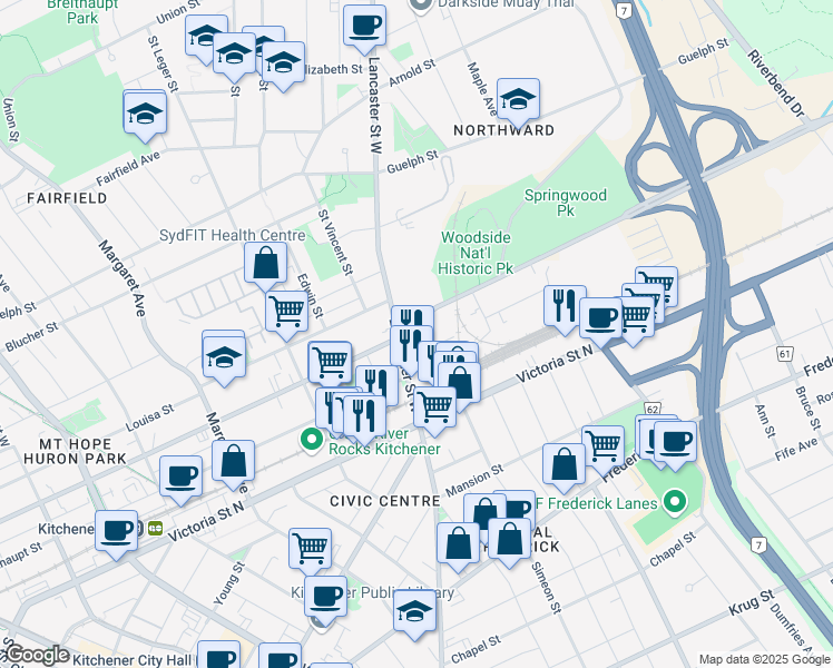 map of restaurants, bars, coffee shops, grocery stores, and more near 449 Wellington Street North in Kitchener