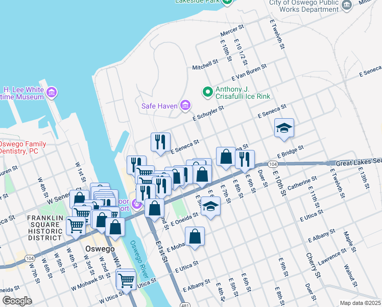 map of restaurants, bars, coffee shops, grocery stores, and more near 31 East 5th Street in Oswego