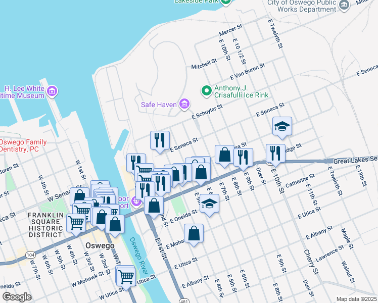 map of restaurants, bars, coffee shops, grocery stores, and more near 31 East 5th Street in Oswego