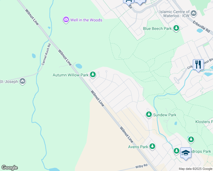 map of restaurants, bars, coffee shops, grocery stores, and more near 720 Sundew Drive in Waterloo
