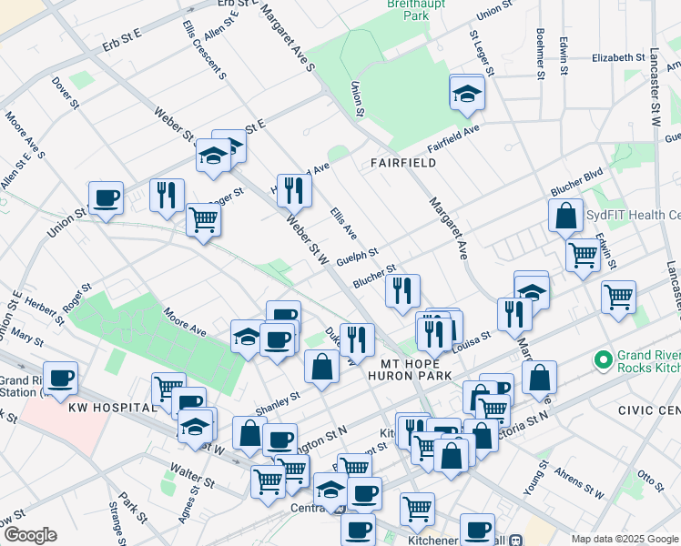 map of restaurants, bars, coffee shops, grocery stores, and more near 316 Weber Street West in Kitchener