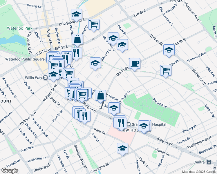 map of restaurants, bars, coffee shops, grocery stores, and more near 56 Union Street East in Waterloo