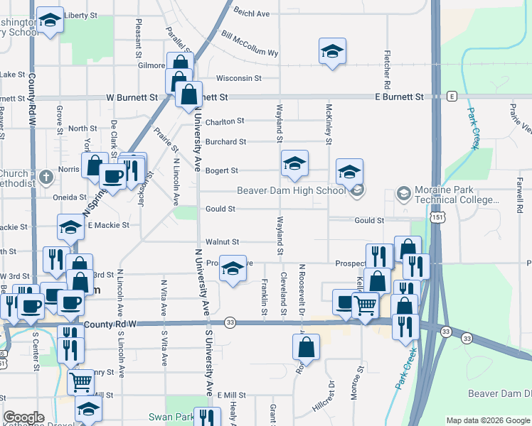 map of restaurants, bars, coffee shops, grocery stores, and more near 153 Gould Street in Beaver Dam