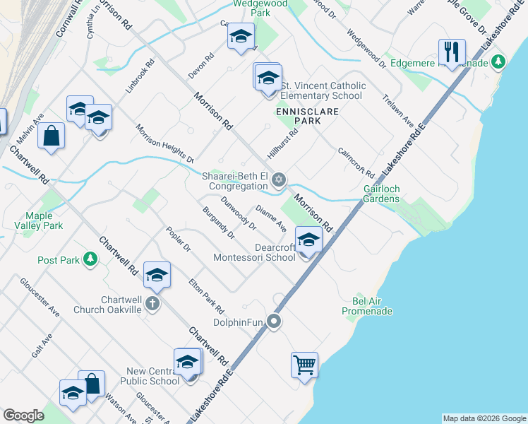 map of restaurants, bars, coffee shops, grocery stores, and more near 138 Dianne Avenue in Oakville