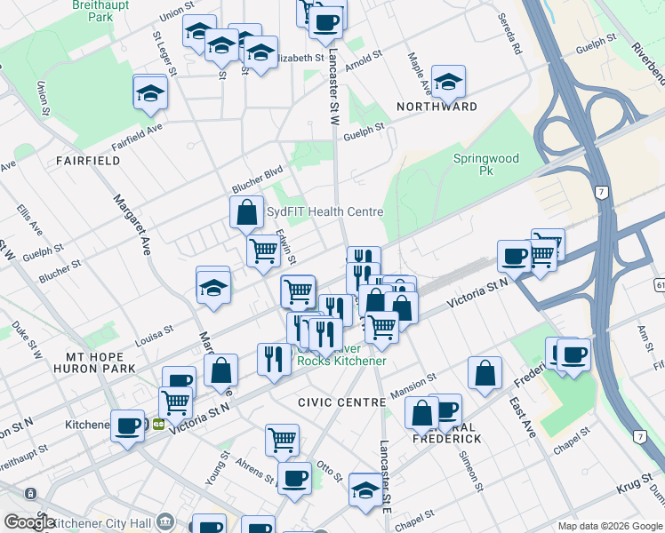 map of restaurants, bars, coffee shops, grocery stores, and more near 77 Lancaster Street West in Kitchener