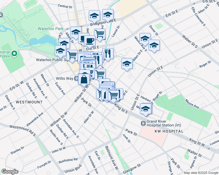 map of restaurants, bars, coffee shops, grocery stores, and more near 18 Allen Street East in Waterloo