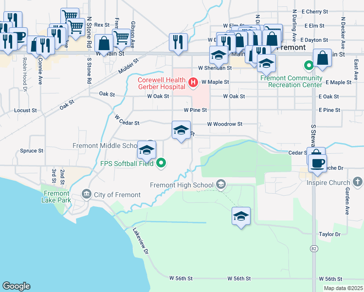 map of restaurants, bars, coffee shops, grocery stores, and more near 350 Cedar Street in Fremont