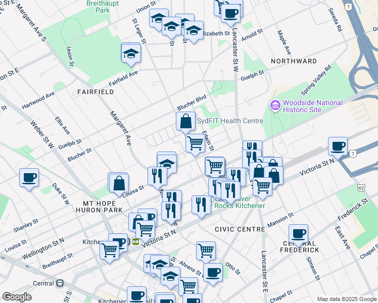 map of restaurants, bars, coffee shops, grocery stores, and more near 125 Saint Leger Street in Kitchener