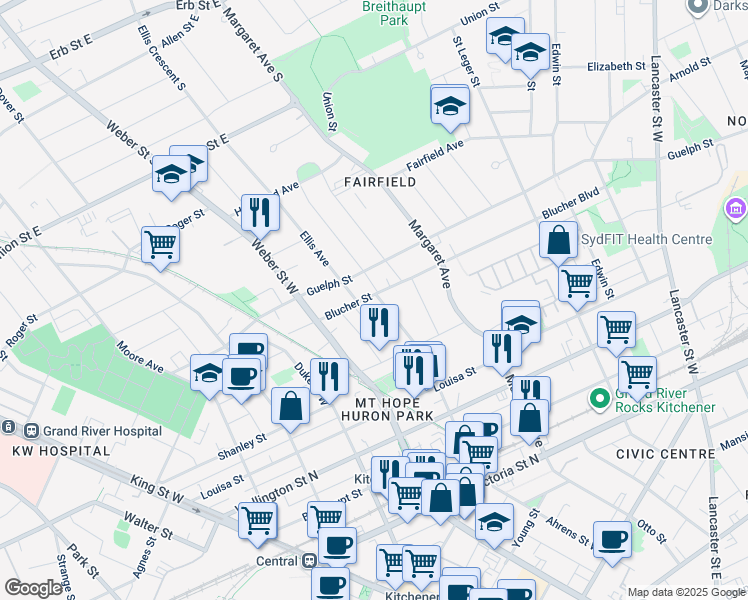 map of restaurants, bars, coffee shops, grocery stores, and more near 215 Ahrens Street West in Kitchener