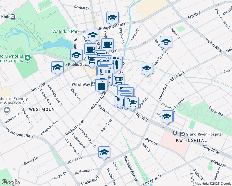 map of restaurants, bars, coffee shops, grocery stores, and more near 168 King Street South in Waterloo