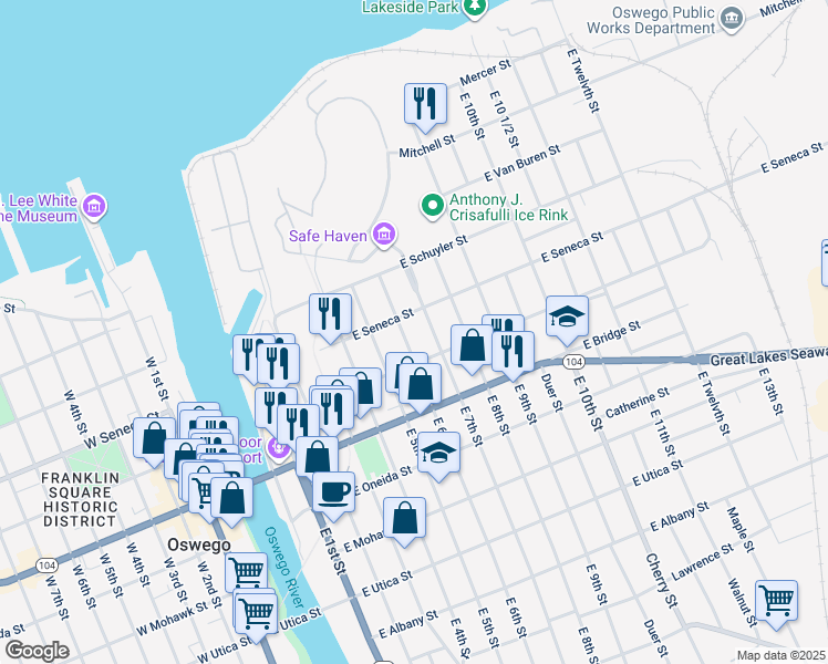 map of restaurants, bars, coffee shops, grocery stores, and more near 39 East 6th Street in Oswego