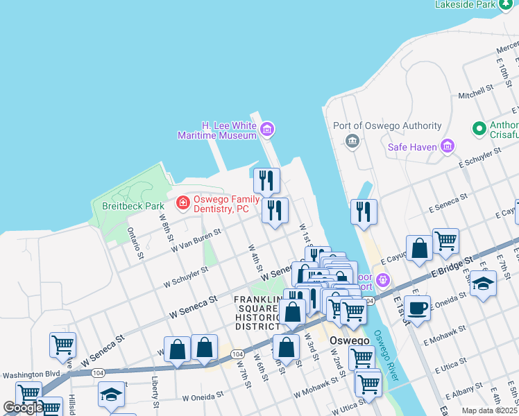 map of restaurants, bars, coffee shops, grocery stores, and more near 28 West 3rd Street in Oswego