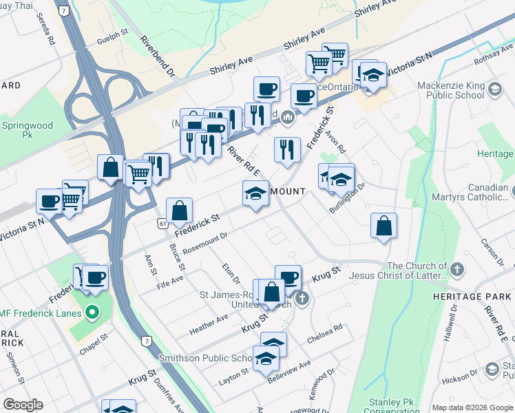 map of restaurants, bars, coffee shops, grocery stores, and more near in Kitchener