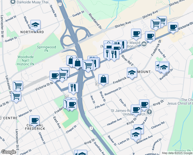 map of restaurants, bars, coffee shops, grocery stores, and more near 59 Regional Road 61 in Kitchener