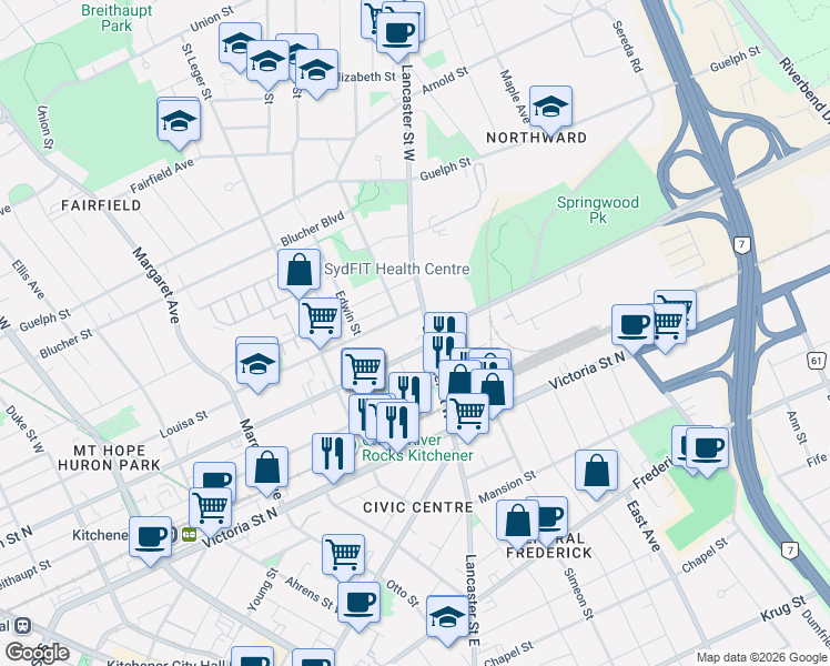 map of restaurants, bars, coffee shops, grocery stores, and more near in Kitchener