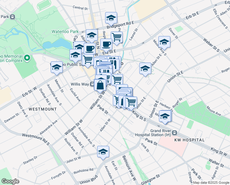 map of restaurants, bars, coffee shops, grocery stores, and more near 172 Waterloo Regional Road 15 in Waterloo