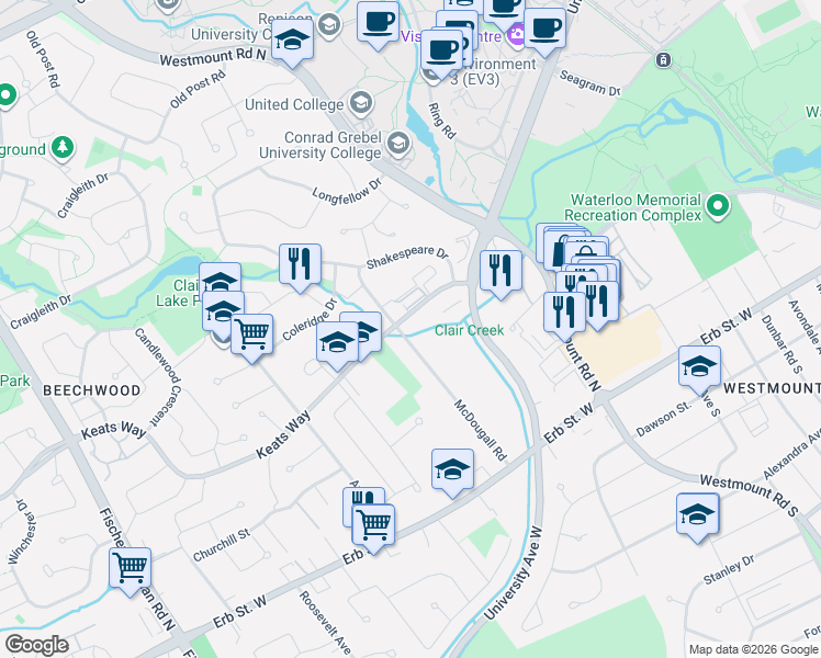 map of restaurants, bars, coffee shops, grocery stores, and more near 66 McDougall Road in Waterloo