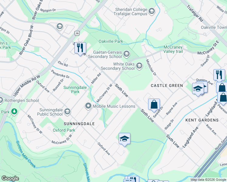 map of restaurants, bars, coffee shops, grocery stores, and more near 106 Orsett Street in Oakville
