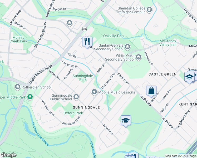 map of restaurants, bars, coffee shops, grocery stores, and more near 61 Onslow Court in Oakville