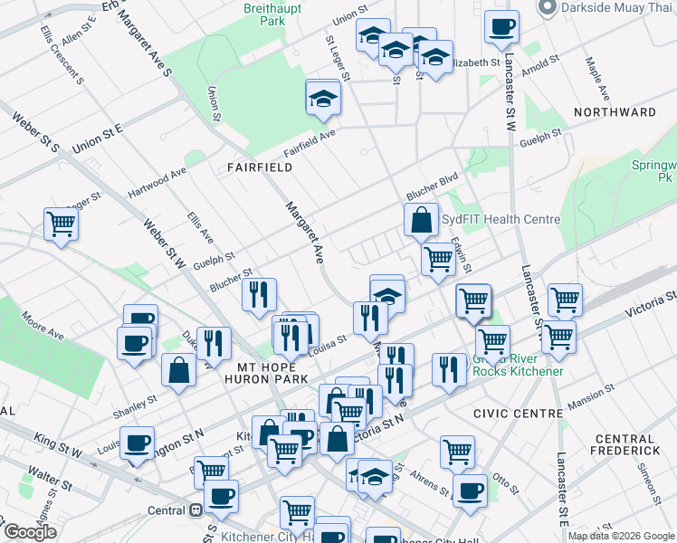 map of restaurants, bars, coffee shops, grocery stores, and more near 188 Margaret Avenue in Kitchener