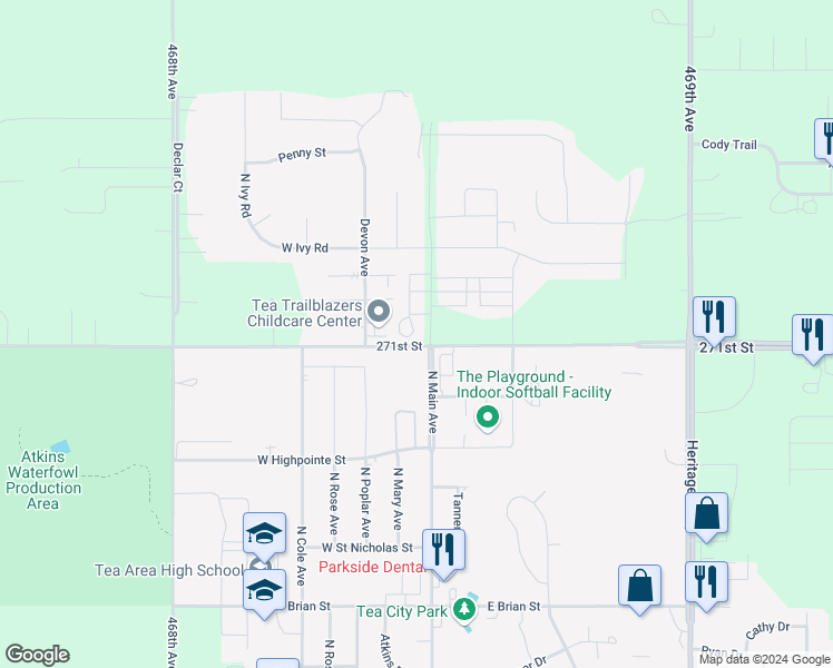 map of restaurants, bars, coffee shops, grocery stores, and more near 100-106 Haley Place in Tea