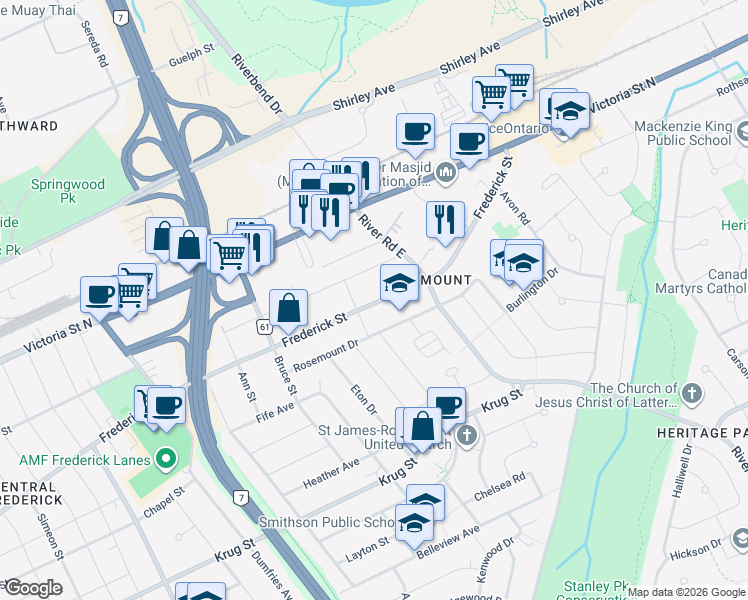 map of restaurants, bars, coffee shops, grocery stores, and more near 674 Waterloo Regional Road 6 in Kitchener