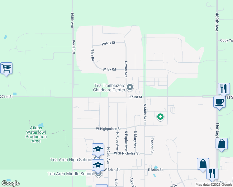 map of restaurants, bars, coffee shops, grocery stores, and more near 335 Arianna Place in Tea