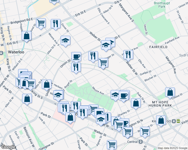 map of restaurants, bars, coffee shops, grocery stores, and more near 140 Graham Street in Waterloo