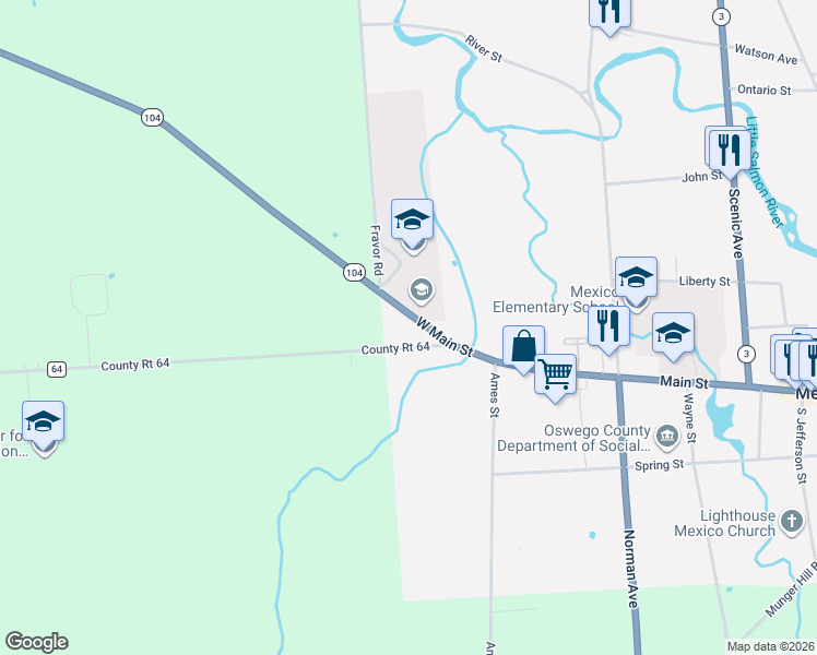 map of restaurants, bars, coffee shops, grocery stores, and more near 18 County Route 64 in Mexico