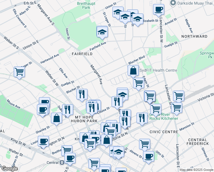 map of restaurants, bars, coffee shops, grocery stores, and more near 189 Margaret Avenue in Kitchener
