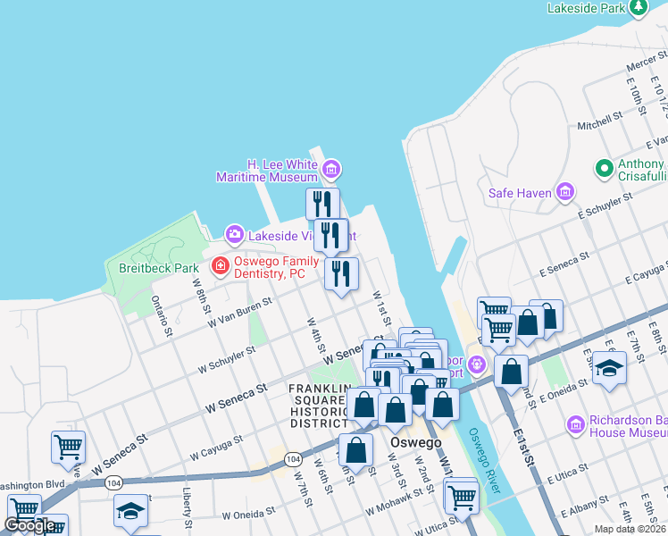map of restaurants, bars, coffee shops, grocery stores, and more near 24 West 2nd Street in Oswego