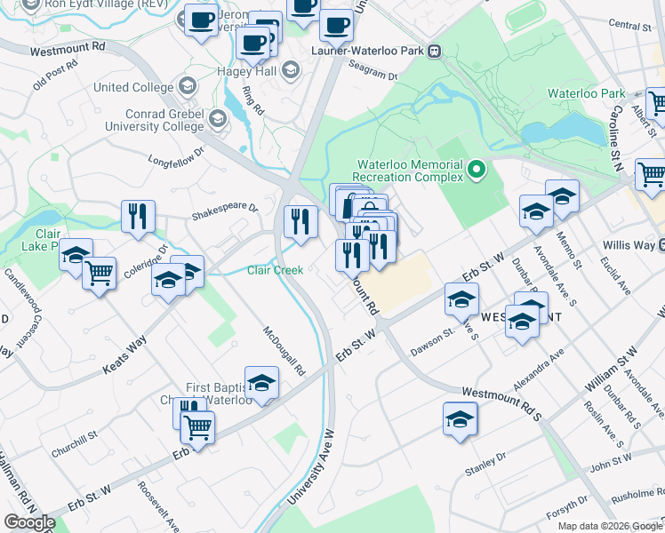 map of restaurants, bars, coffee shops, grocery stores, and more near in Waterloo