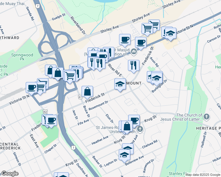 map of restaurants, bars, coffee shops, grocery stores, and more near 674 Waterloo Regional Road 6 in Kitchener