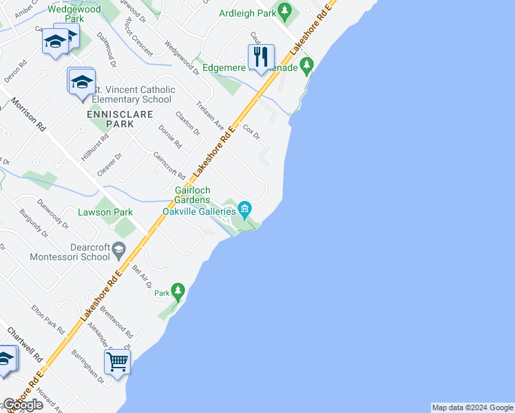 map of restaurants, bars, coffee shops, grocery stores, and more near 10 Ennisclare Drive West in Oakville