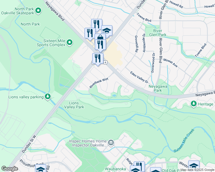 map of restaurants, bars, coffee shops, grocery stores, and more near Valley Stream Place in Oakville