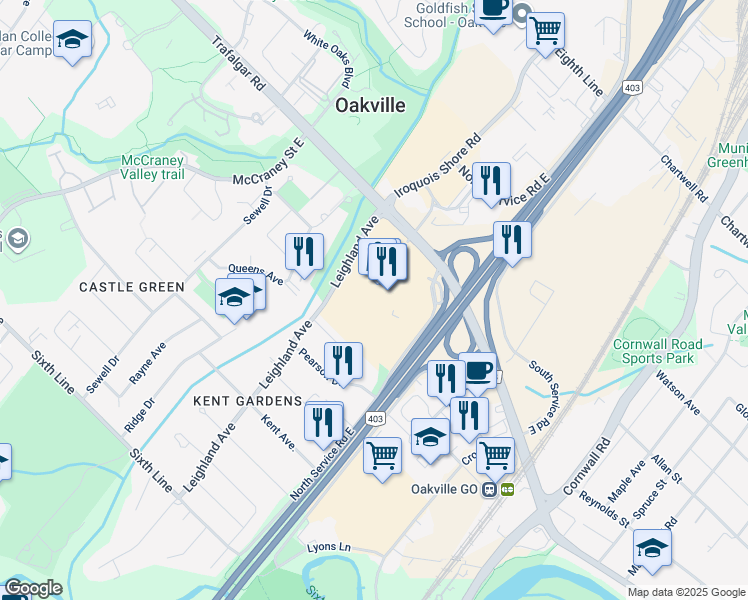 map of restaurants, bars, coffee shops, grocery stores, and more near 240 Leighland Avenue in Oakville