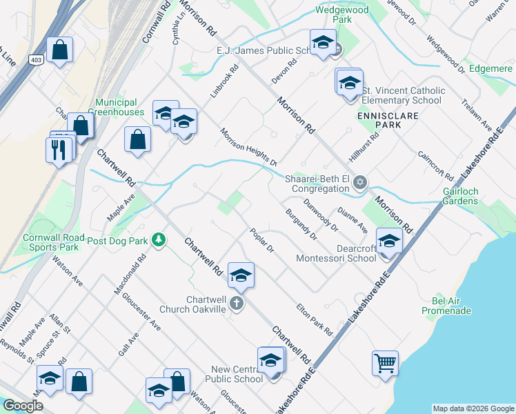 map of restaurants, bars, coffee shops, grocery stores, and more near 1102 Crestview Street in Oakville