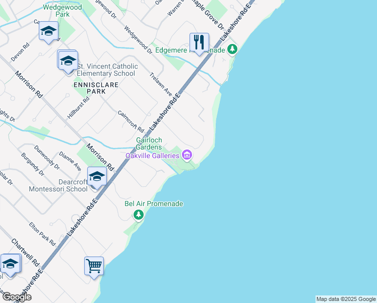 map of restaurants, bars, coffee shops, grocery stores, and more near 24 Ennisclare Drive West in Oakville