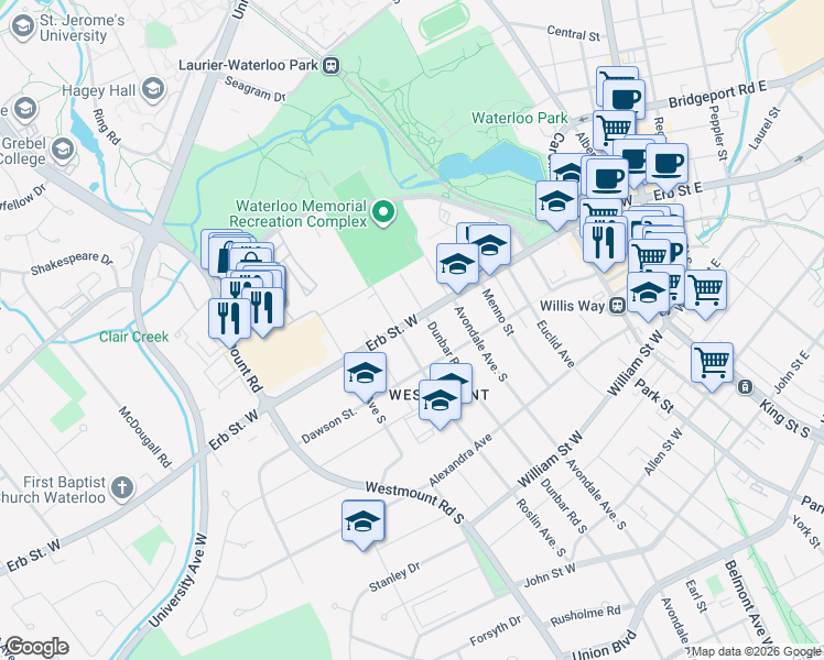 map of restaurants, bars, coffee shops, grocery stores, and more near 149 Erb Street West in Waterloo