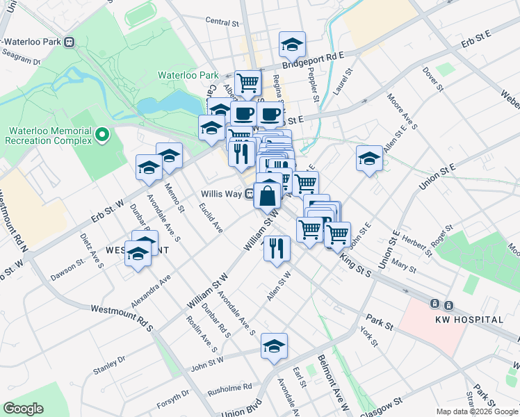 map of restaurants, bars, coffee shops, grocery stores, and more near 88 Caroline Street South in Waterloo