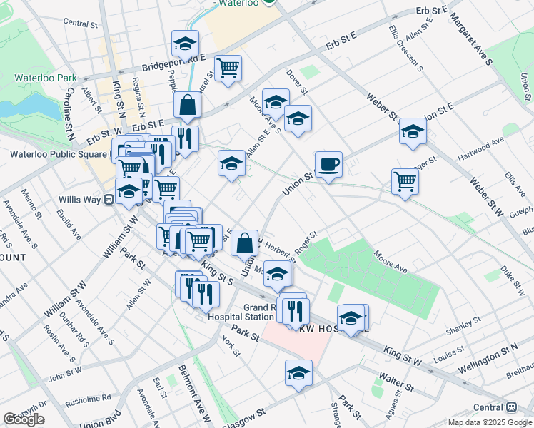 map of restaurants, bars, coffee shops, grocery stores, and more near 52 Union Street East in Waterloo