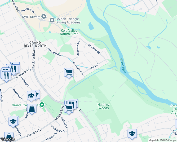 map of restaurants, bars, coffee shops, grocery stores, and more near 19 Misty Street in Kitchener
