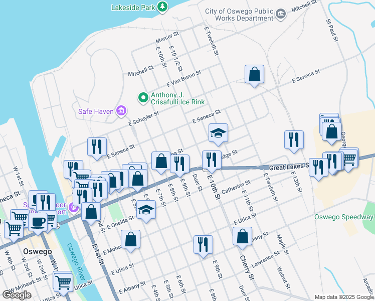 map of restaurants, bars, coffee shops, grocery stores, and more near in Oswego